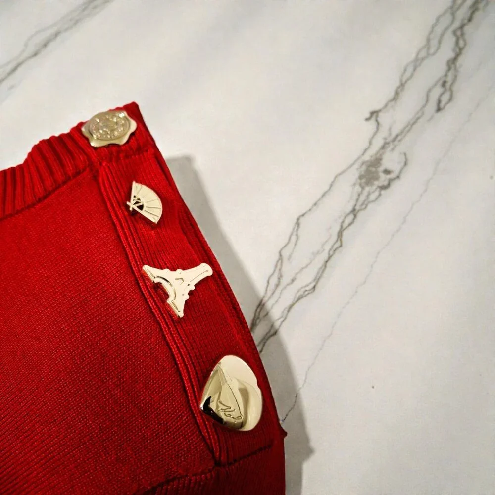 Karl Lagerfeld Paris Med (8-10) Red & Black Stripe Crewneck Sweater w/ Gold Pins - Picture 11 of 15